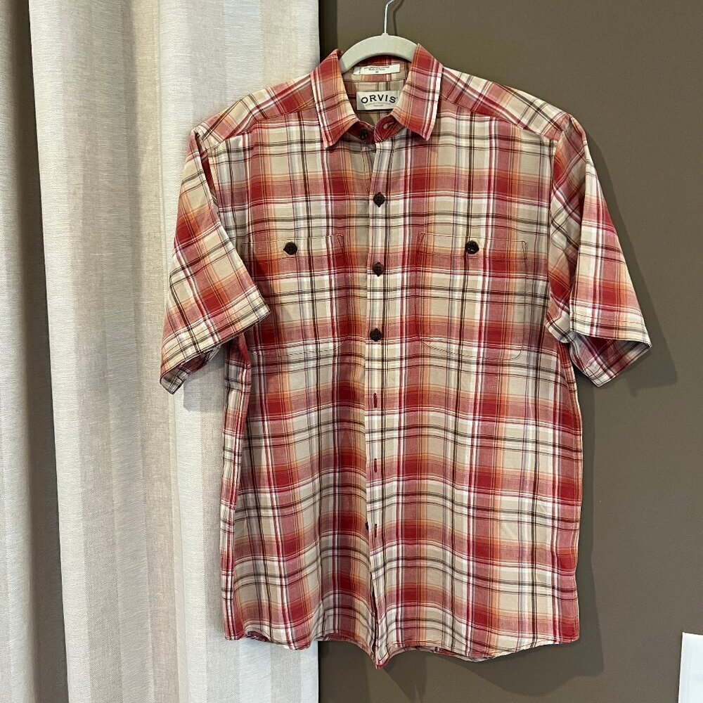 Orvis Burnt Orange & Cream Plaid Button Down Front, outdoor, hiking, Size Medium